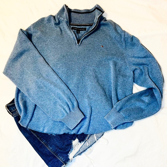 Tommy Hilfiger Blue Zip Pullover Sweater - Size XL Oversized Relaxed Fit - Picture 1 of 5